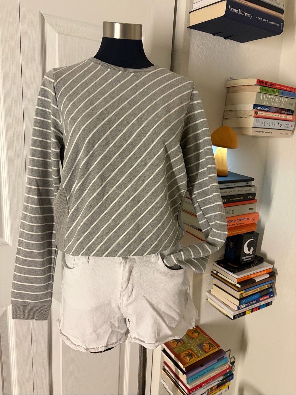 Unique Gray and White Striped Crewneck Sweater